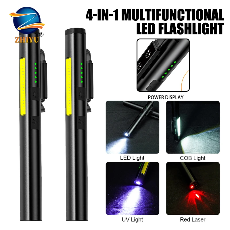 4 In 1 Multifunctional Pen Light UV Flashlight USB Rechargeable LED Flashlight Portable COB Light Lantern 4 Light Sources Torch