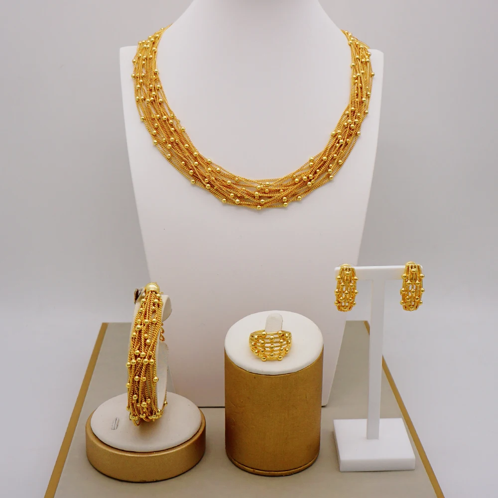 18K Genuine Gold Plated Lady Necklace Set Multideck Women Jewelry Sets for Party Wedding Accessory