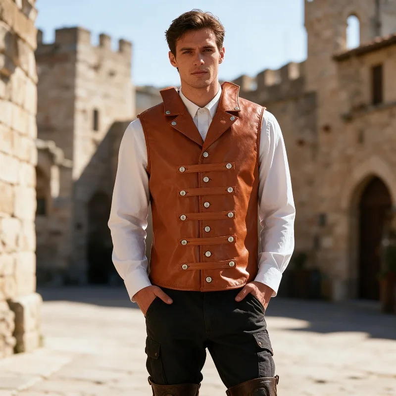 Men Medieval Vintage Vest Gothic Steampunk Sleeveless Maistcoat Retro Lapel Buckle Butons Haloween Cosplay Costume Renaissance