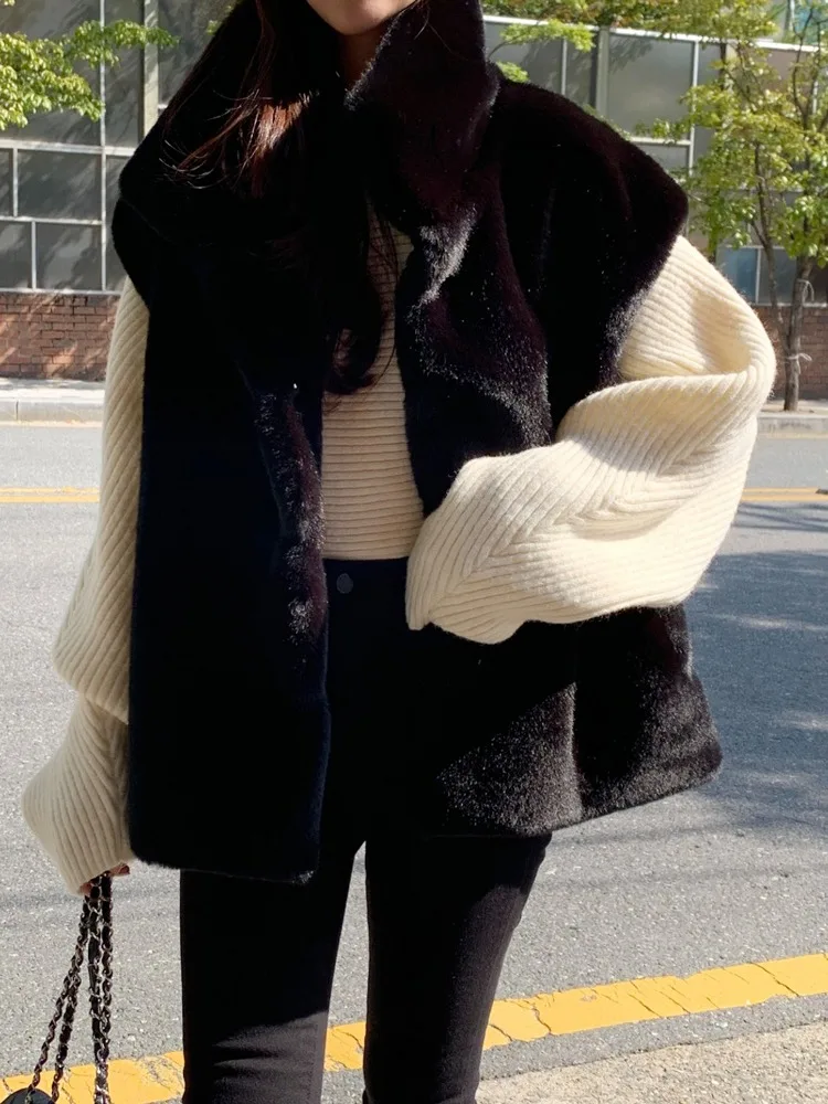 Plu colete de pele sintética outerwear feminino outono inverno solto versátil camadas svel roupas de algodão macio médio elástico