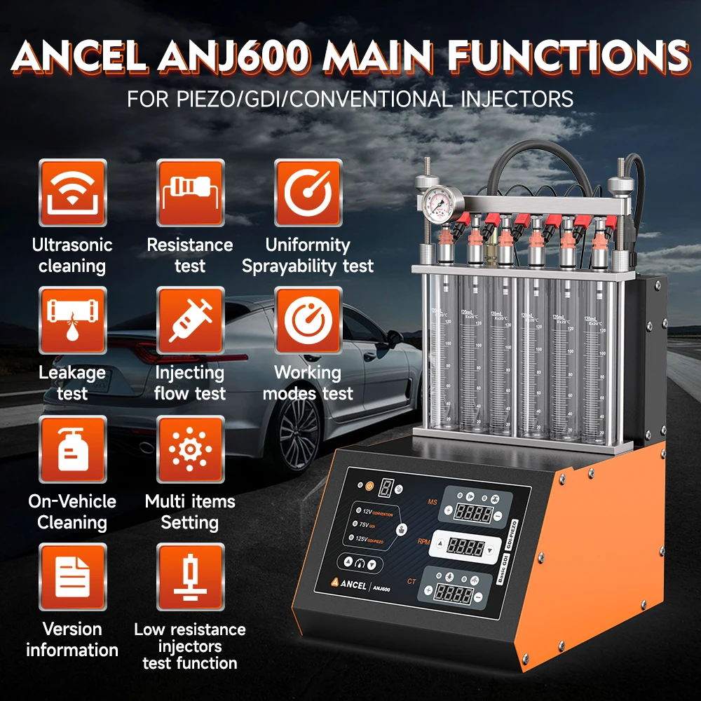 ANCEL ANJ600 GDI Piezo Fuel Injector Cleaner 6-Cylinder EFI FEI Cleaner Test Ultrasonic Resistance Test Cleaning Gasoline