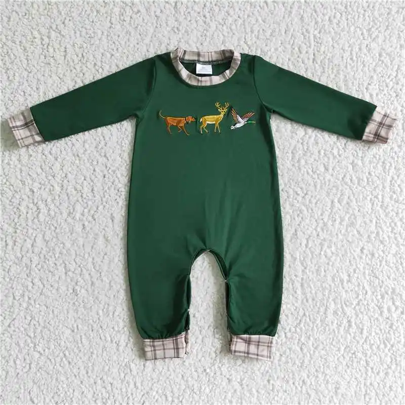 Baby Boy Christmas Embroidery Deer Long Sleeve Romper Toddler Newborn Infant Children Green Snap Button Kid Cotton New Jumpsuit