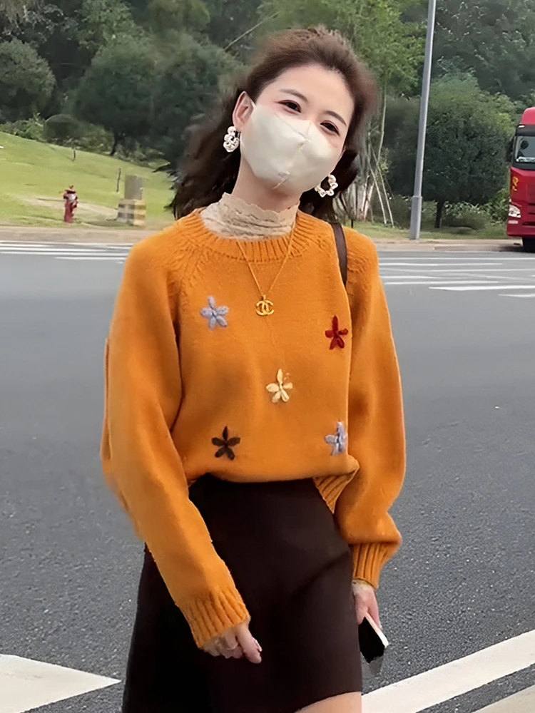 

Ladies' Faionable Long Sve Knitted Sweater Embroidered Floral Design ort Sle Loose Fit Autumn Winter Warm Top