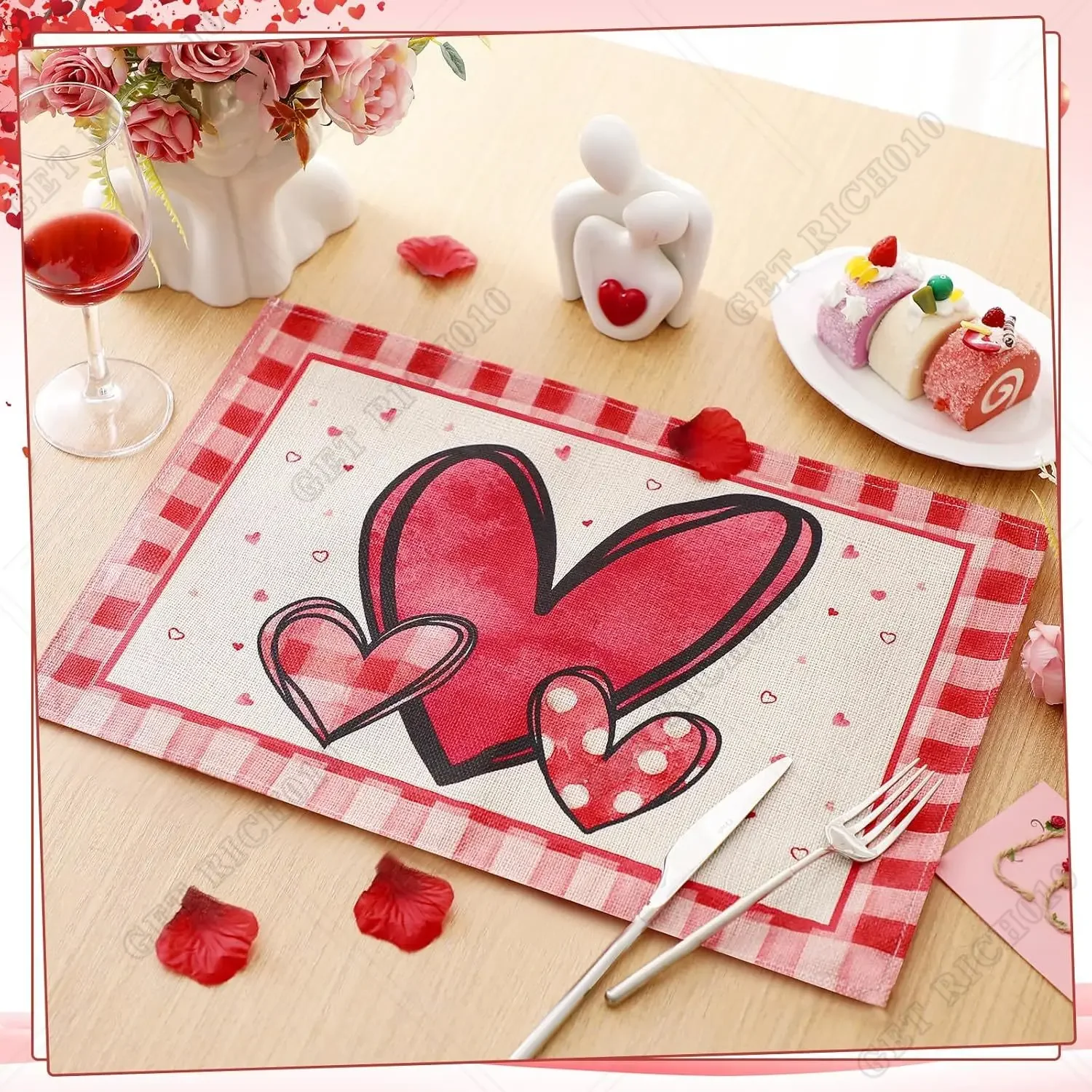 1PC Valentines Day Placemats Watercolor Red Pink Heart Table Decoration Burlap Farmhouse Indoor Outdoor