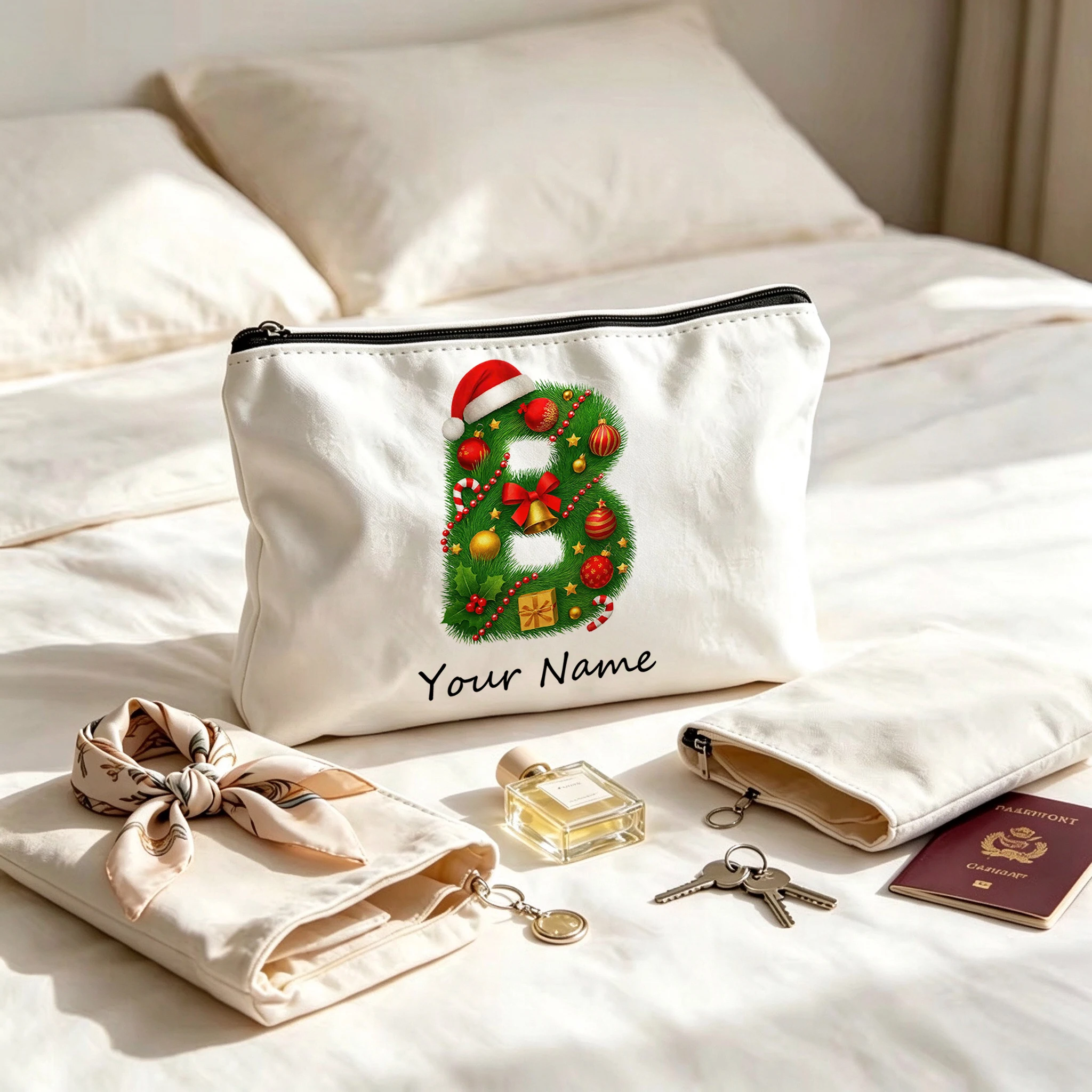 Personalized Christmas Letter Makeup Bag Custom Initial Name Cosmetic Pouch with Lining for Women Travel Toiletry Bag Xmas Gifts