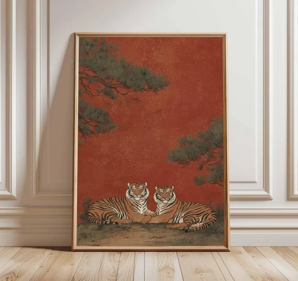 (No frame)Japanese Tiger Poster, Vintage Wildlife Art Print, Red Oriental Wall Art, Traditional Woodblock Style, Zen Nature H