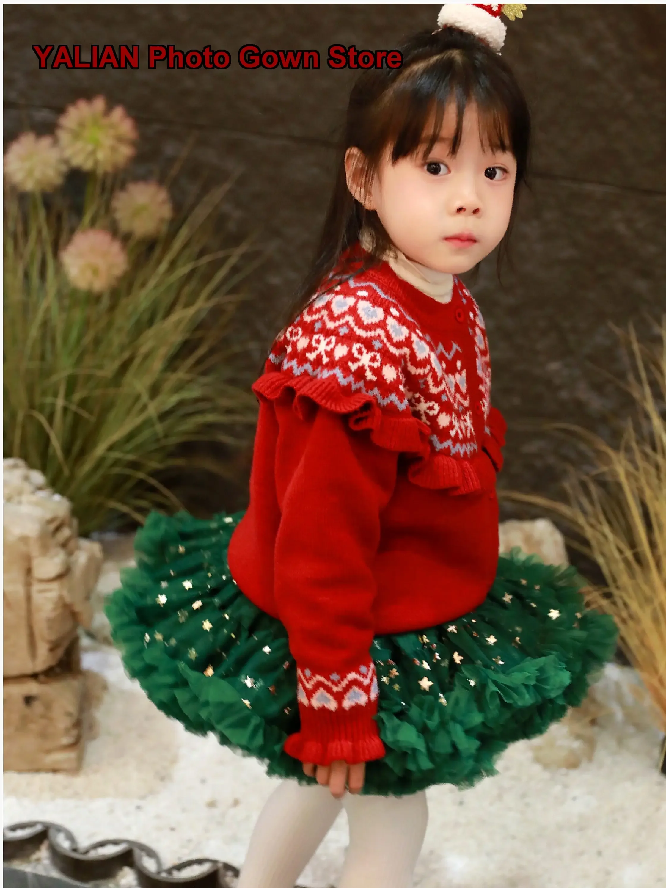 Kids Two-Piece Set Girls Ruffle Collar Contrast Color Cardigan Baby Girl Christmas Coat Knit Top