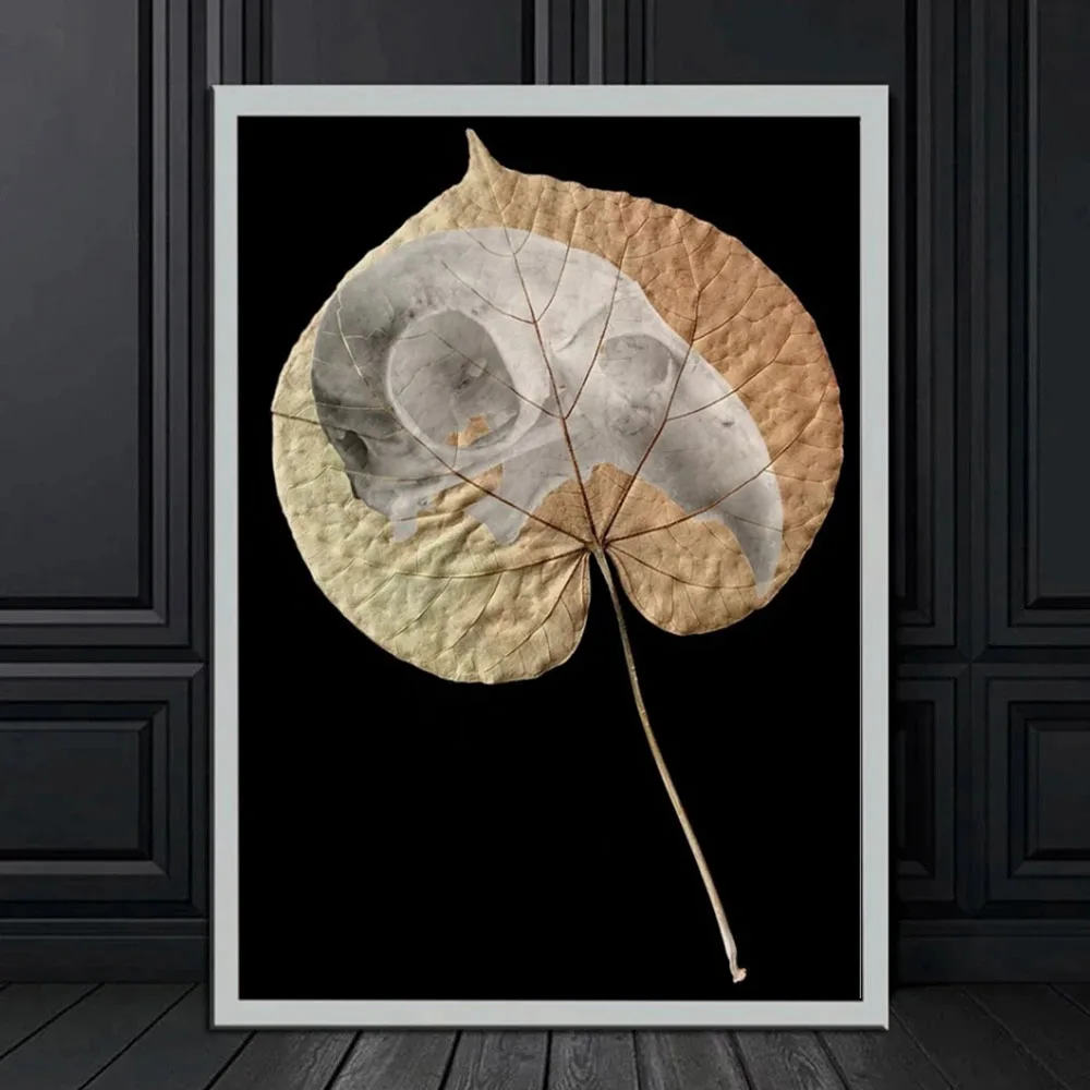 Abstract Gothic Animal Fossil Poster Printmaking White Skull Skeleton in Ginkgo Leaves Canvas Painting Laboratory Home Decoratio