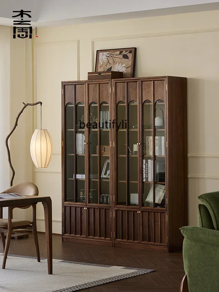 

1184Solid Wood Vintage Bookcase Black Walnut Middle Ancient Glass Door Display Cabinet Living Room Wine Cabinet Study Storage