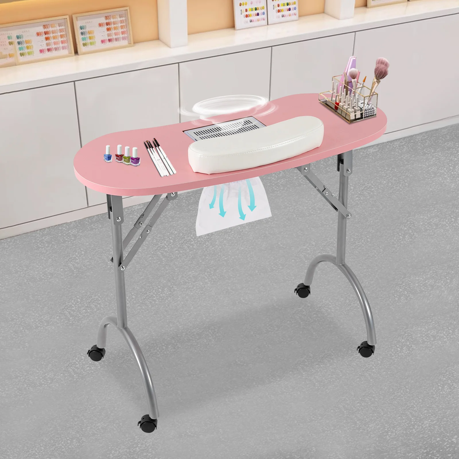 Foldable Nail Table W/ Wheels Multifunctional Portable Manicure Table with MDF Table Top for Households Nail Salons