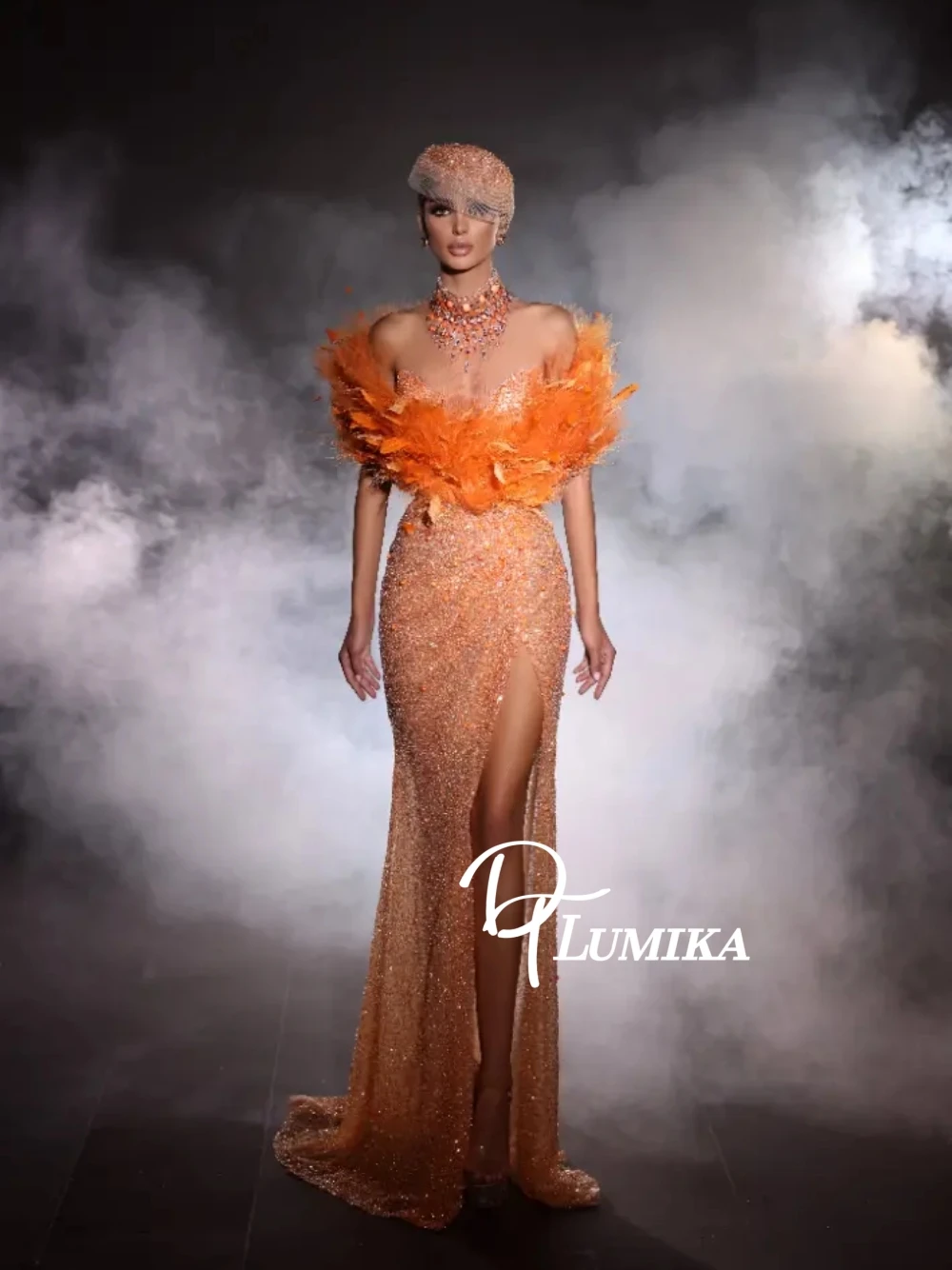 

Luxury Orange Feather Shoulder Evening Dress Full Sequin Sexy High Slit Mermaid Gown Red Carpet Gala Prom Formal Party Wear