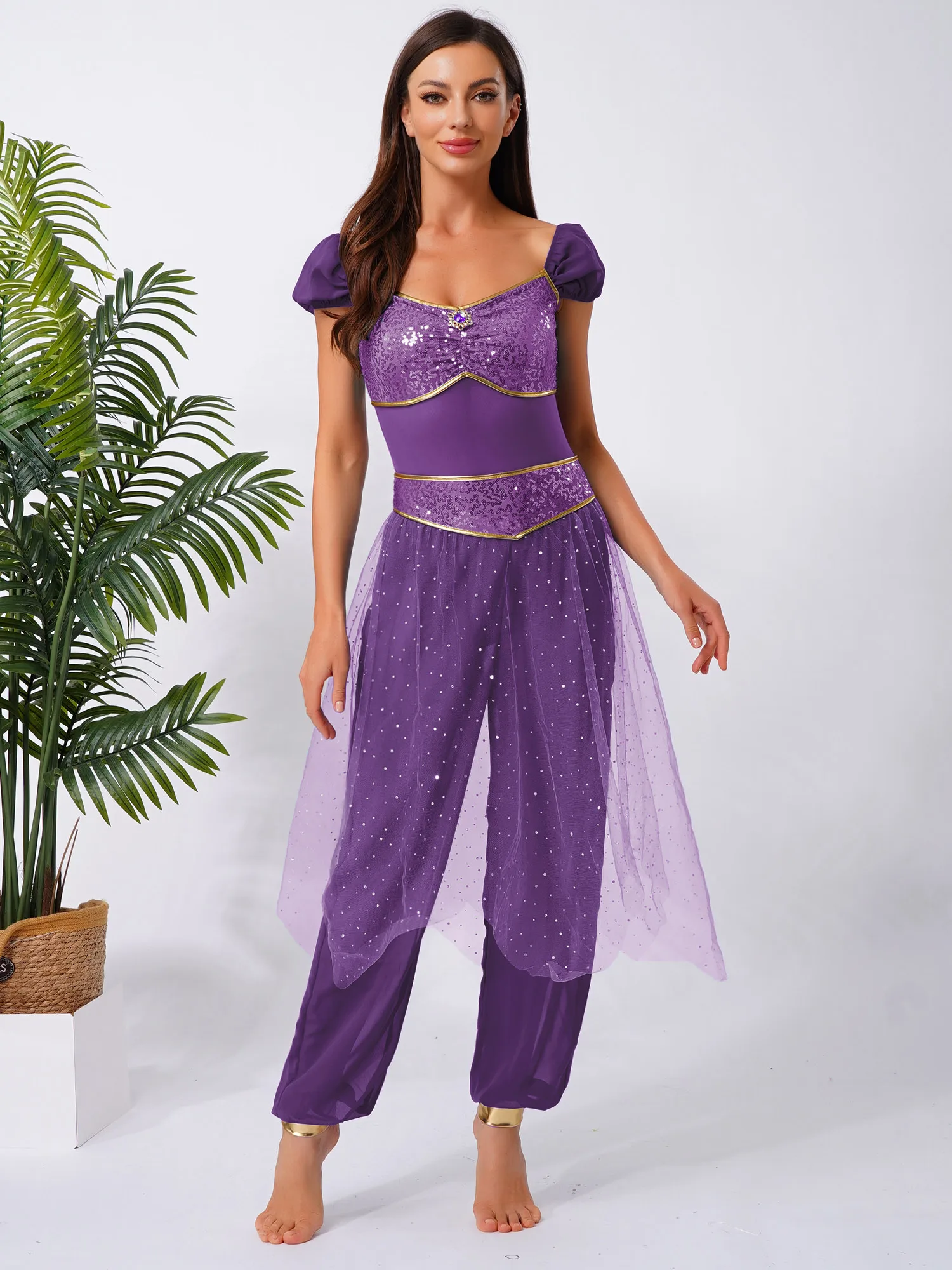 Arabische Prinzessin-Bauchtanz-Kostüm für Damen, Strampler, arabische Pailletten, Tüll-Overlay, ärmelloser Overall für Halloween, Cosplay