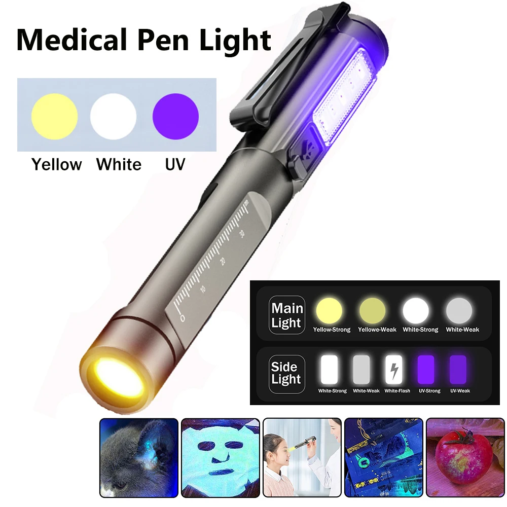 

USB Dual Light Source Flashlight White/Yellow/Purple Light Medical Pen Light First Aid Work Inspection Mini Torch UV Lamp