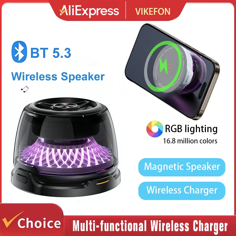 Portable Multi-functional Wireless Charger with Bass Surround Sound Speaker with RGB Light Band for iPhone 17-12 Samsung S24 S23