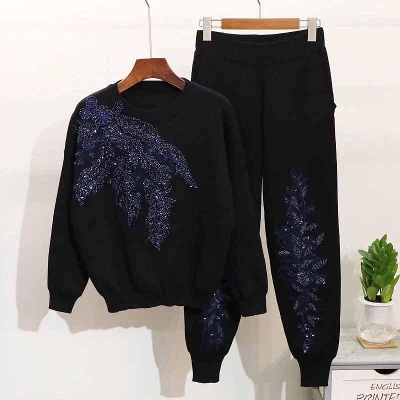 New Spring Autumn Women Knitted Sets Beading Sequin Embroidery Pullover Sweater Top + Casual Long Trousers Training Suit