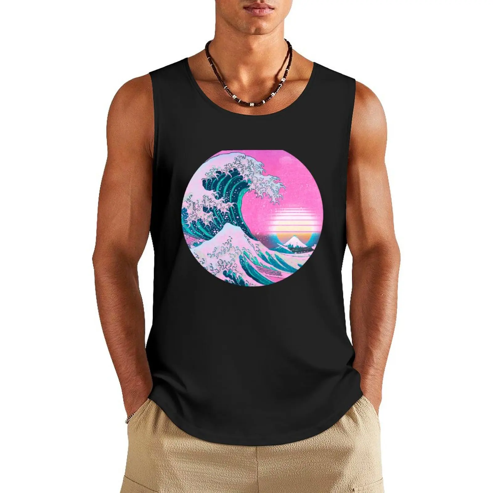 Grande onda de vaporwave masculino fora Kanagawa estética retro sol regata, tops de musculação