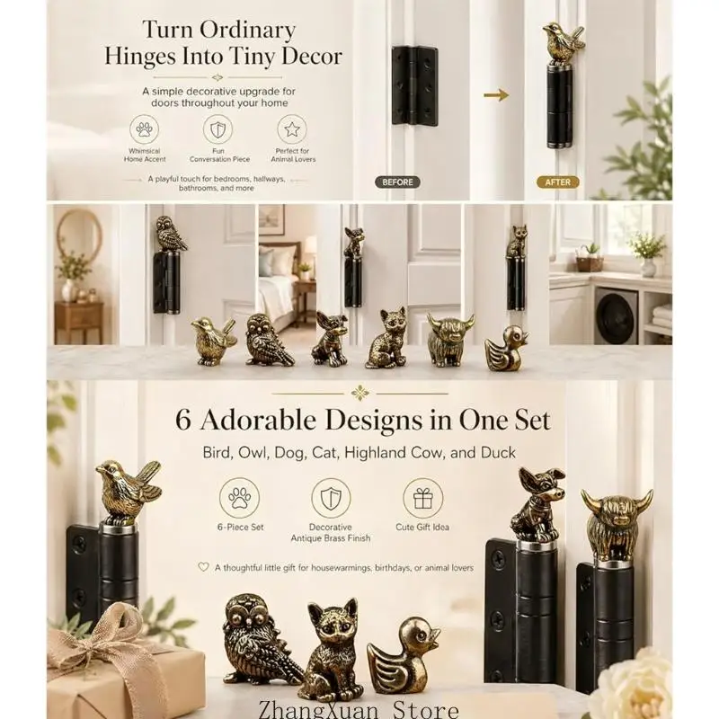6 Piece Brasses Animal Miniature Statuettes Decorative Toppers Door Hinge Head Ornaments for Cabinets and Display Case 3XUF