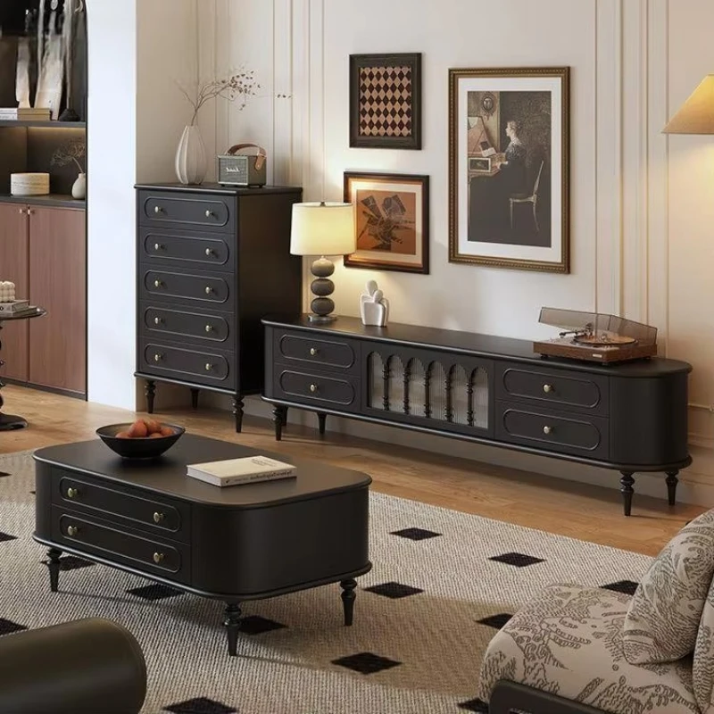 

French Modern TV Cabinet Coffee Table Set Retractable Drawer Cream Style Elegant Suitable for Small Home Living Room