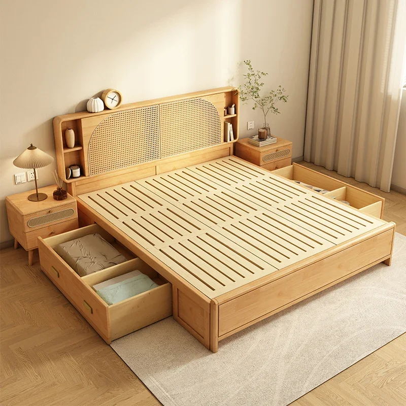 Rattan woven solid wood bed cream wind 1.8m double light white Nordic simple Japanese 1.5m high storage rattan bed