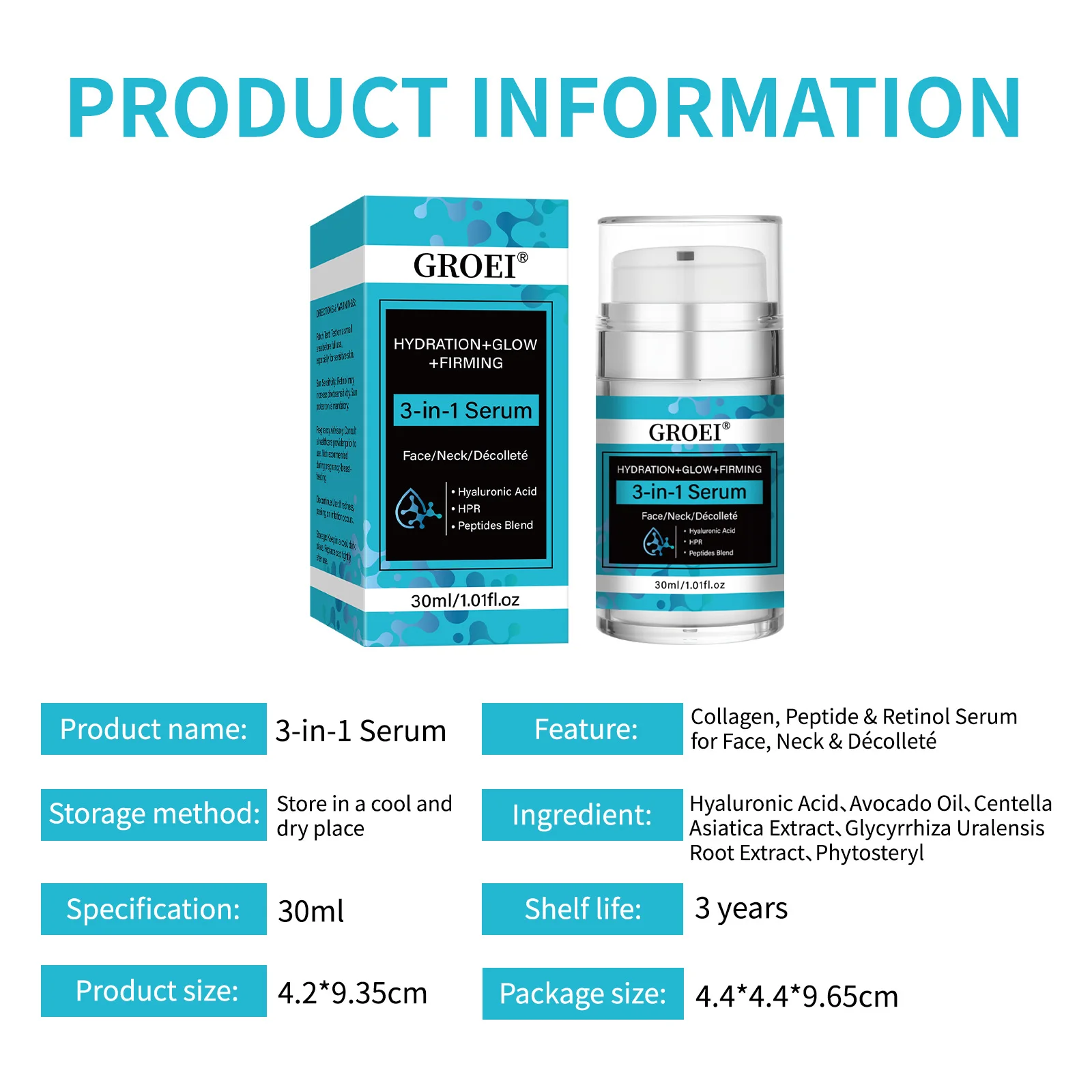 GROEI Suero 3 en 1 para rostro, cuello, decollete, hidratación, brillo + reafirmante HPR Retinol Alternative 30ml cremas antiarrugas para el cuidado de la piel