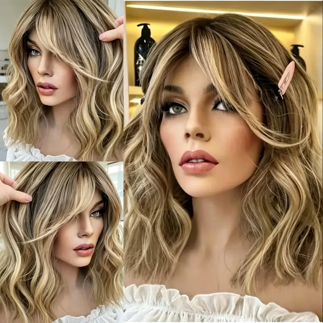 Wave 24Inch Pre-Plucked Highlight Blond with Bangs Natural HD Lace Wig for Women Transparent Lace Frontal Versatile Hair Wig