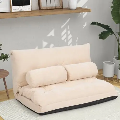 Foldable Floor Lazy Sofa with 2 Pillows, 6-Position Adjustable Reclining Sofa Sleeper Bed, Convertible Futon Couch Bed