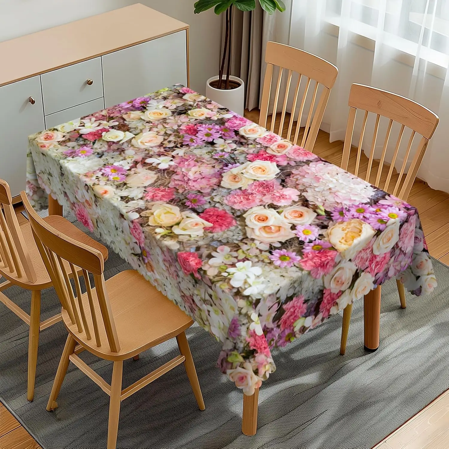 Decorative Floral Tablecloth for Dining Table Pink Rose Print Romantic Cottagecore Dinner Table Cover Home Decor Centerpiece