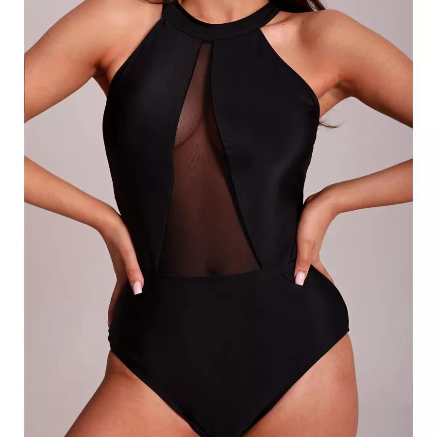

New Style High Neck Strapless Solid Mesh Splicing One-piece Swimsuit Women Sexy Backless Zweiteiler Damen Set