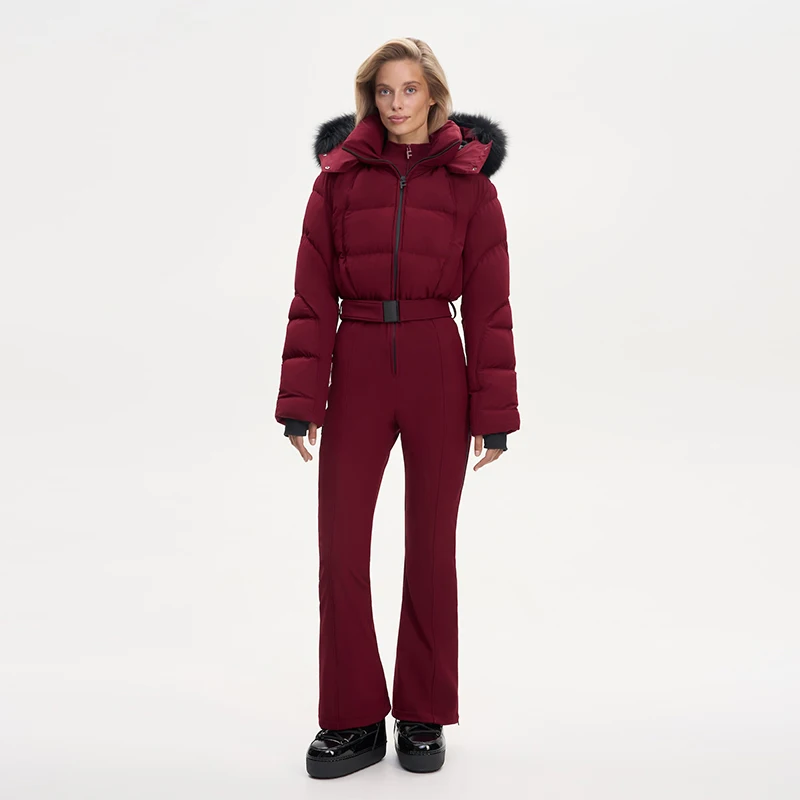 Women One Piece Ski Suit Faux Fur Hood Waterproof Windproof Warm Padded Snow Jumpsuit Belted Waist Flare Leg Snowboard Overalls
