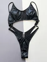 Traje de baño metálico con estampado de serpiente negra para mujer, bikini hueco de una pieza con espalda descubierta, traje de baño, trajes de playa, mono, bikini