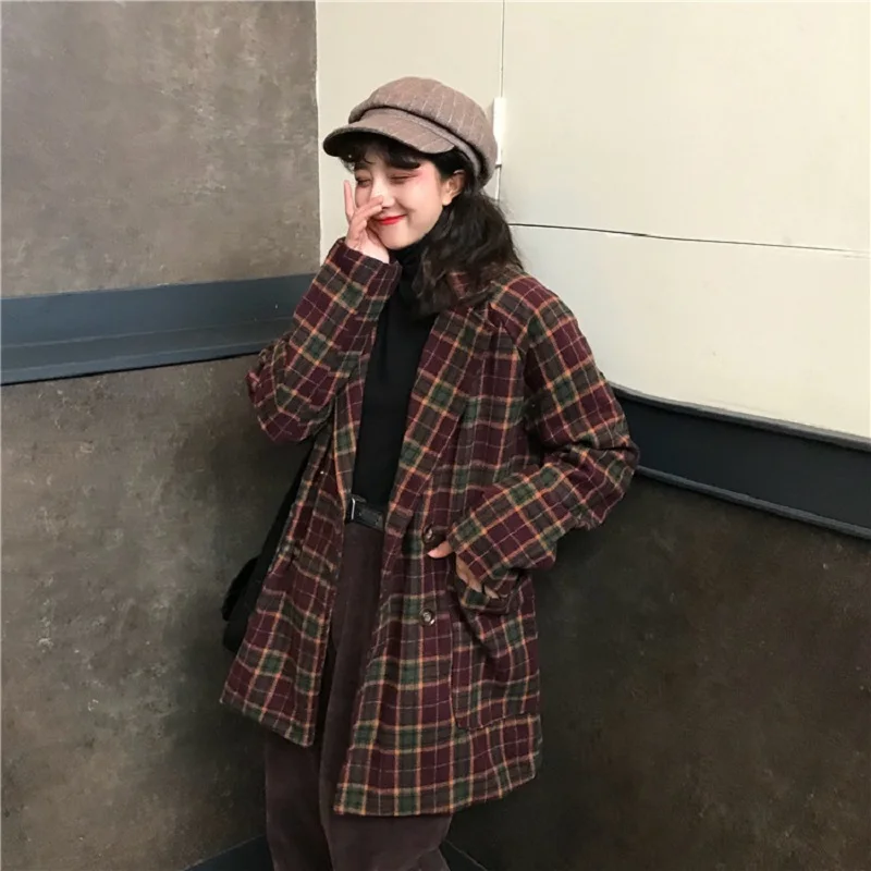 Korean ulzzang loose plaid woolen coat female autumn new ins Harajuku vintage fashion suit collar button casual women\'s jacket