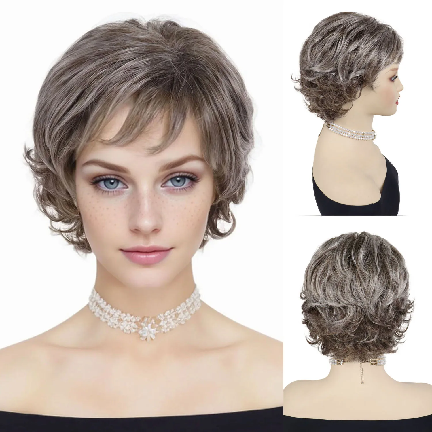 

Mixed Brown Old Lady Wigs Synthetic Short Pixie Cut Wig with Bangs for Women Mommy Hair Natural Looking Casual Style Daily Use