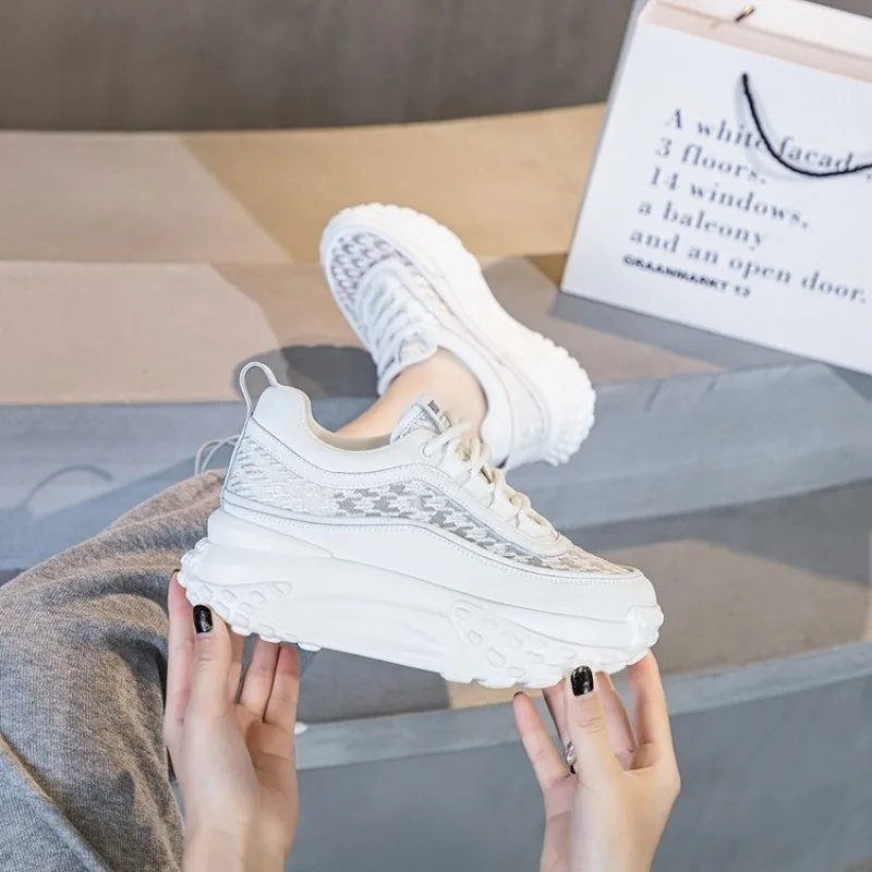 Casual Women HollowLaceMeshPlatformSneakersTreadChunkySole Lace‑Up Height‑Increasing Non‑Slip Daily Walking Dad Shoes White Pink view 2