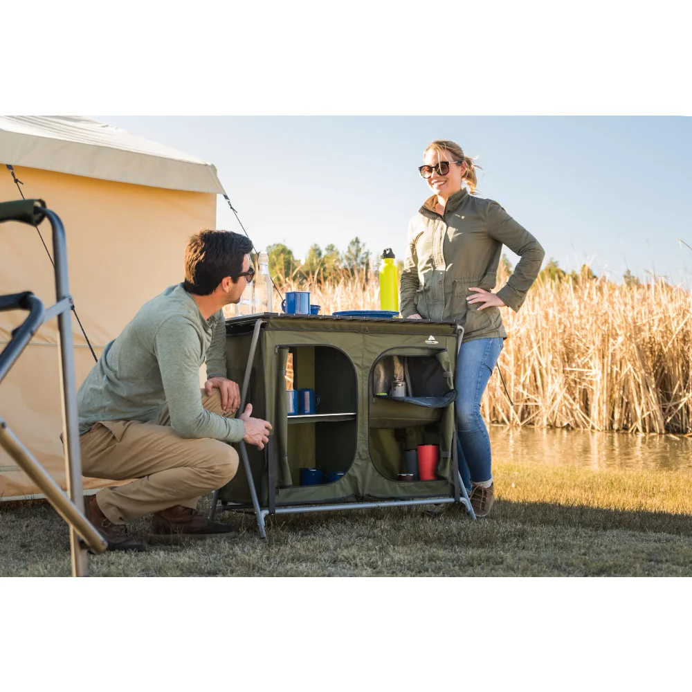 Camping Table, Gray,Double Two-shelf Deluxe Cupboard Lets ,a Durable Aluminum Roll-top,Quick and Easy To Assemble,Outdoor Table