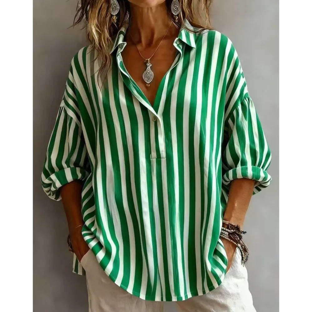 

Новая модная женская рубашка-пуловер с отложным воротником и длинными рукавами, повседневная, с принтом и полосками, свободного кроя, универсальная, удобная, весна-лето 2026