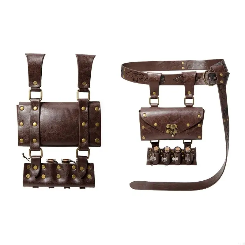 E8FB Fantasy Wizard Renaissances Waist with 4 Cork Potion Bottles Medieval PU Belt Bag for Role Playing Enthusiasts