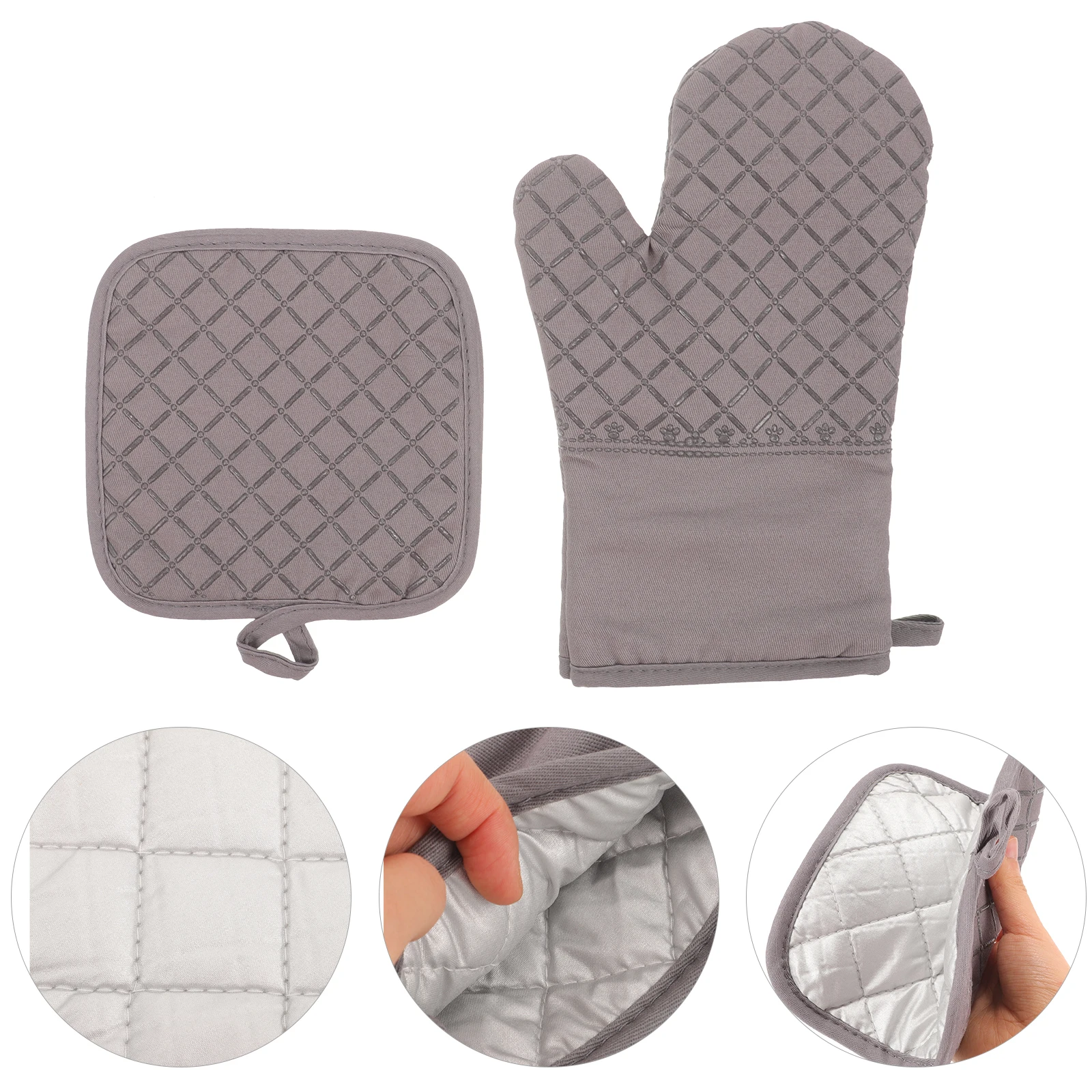 

2 Pieces Grey Grid Silicone Heat Resistant Oven Silicone Mitts And Pot Pad Mitts Pot Holder Set Insulated Kitchen Gloves Pad