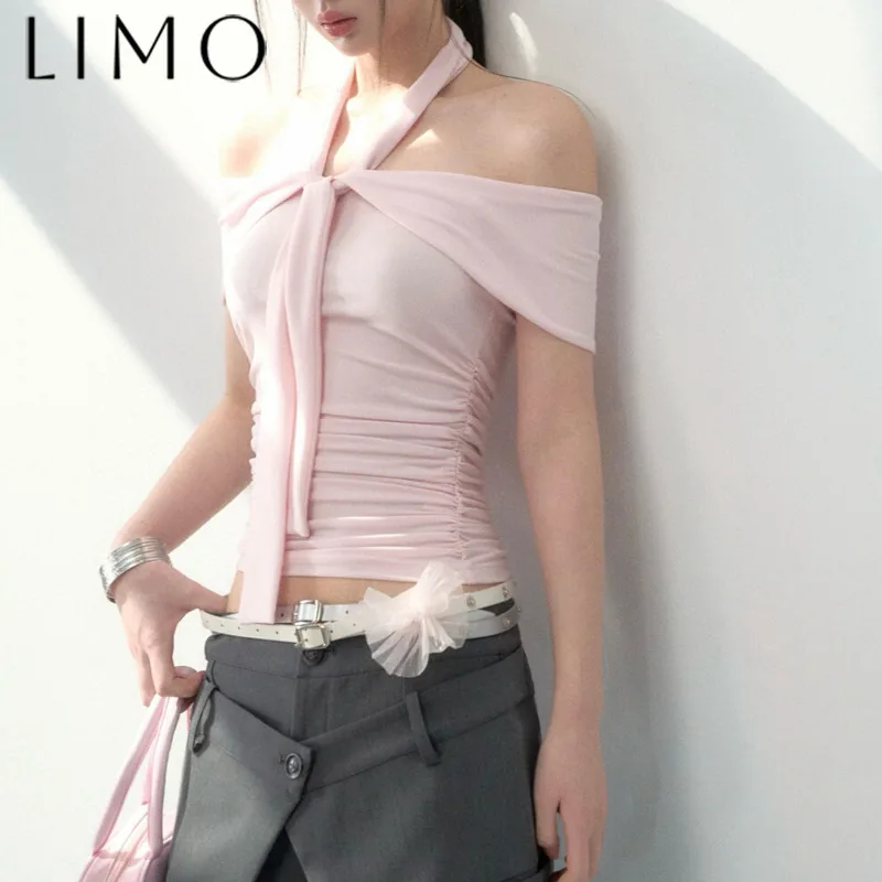 

LIMO New 2025 Women's Sexy Halter Off Shoulder Blouse Bow Ruffle Slim Fit Luxury High Quality Spring Summer T-Shirt Top