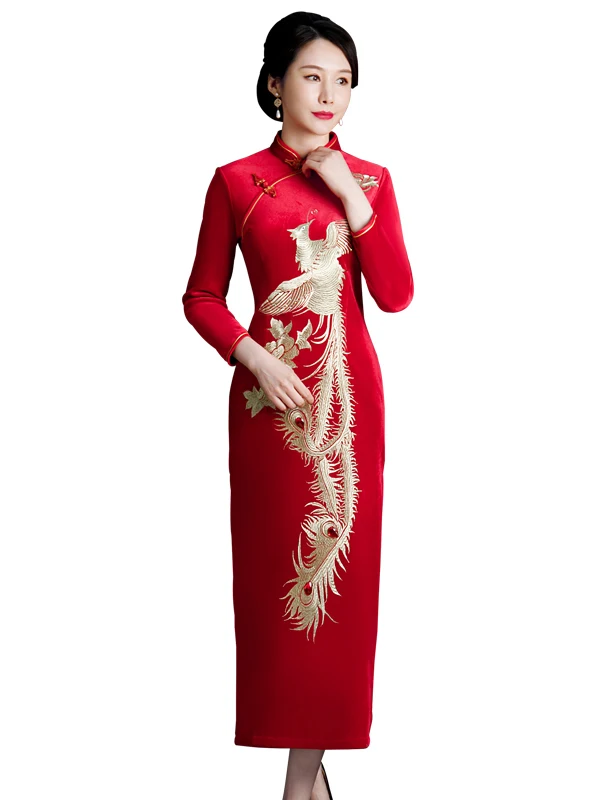 

Утепленное вышитое платье-ципао с фениксом для свадьбы и выступлений, длинное, теплое, всепогодное, в пол