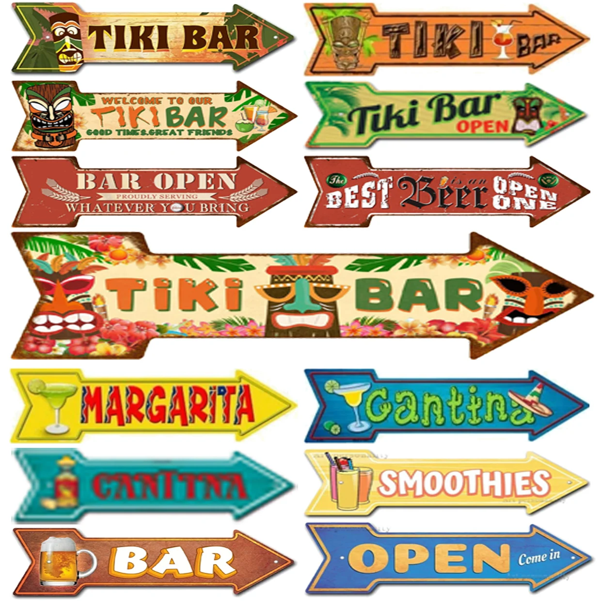 Retro Tiki Bar Open Beer Metal Tin Signs Vintage Street Signs Retro Arrow Directional Signage Funny Tin Sign for Wall Decoration