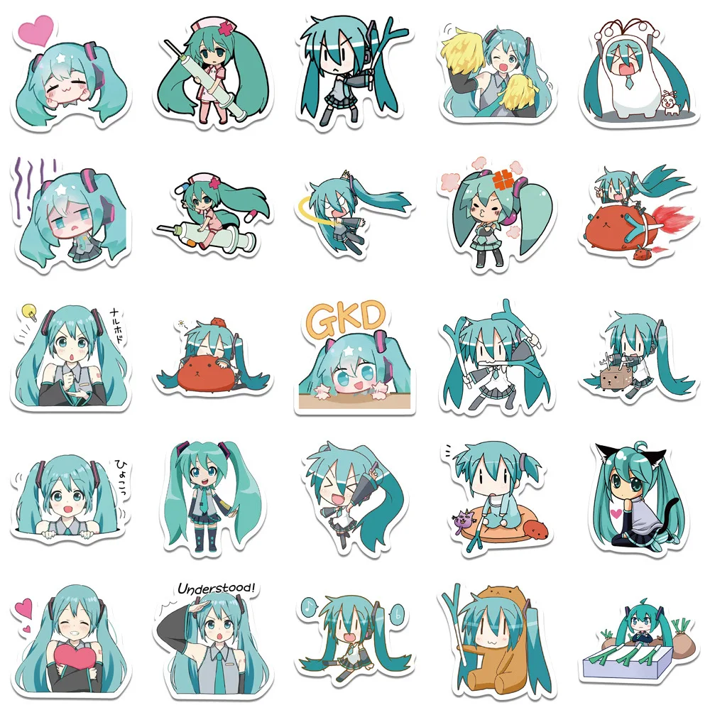 Pegatinas Hatsune Miku de 65 piezas, paquete de pegatinas bonitas para guitarra, monopatín, cuenta de mano, funda impermeable para teléfono,