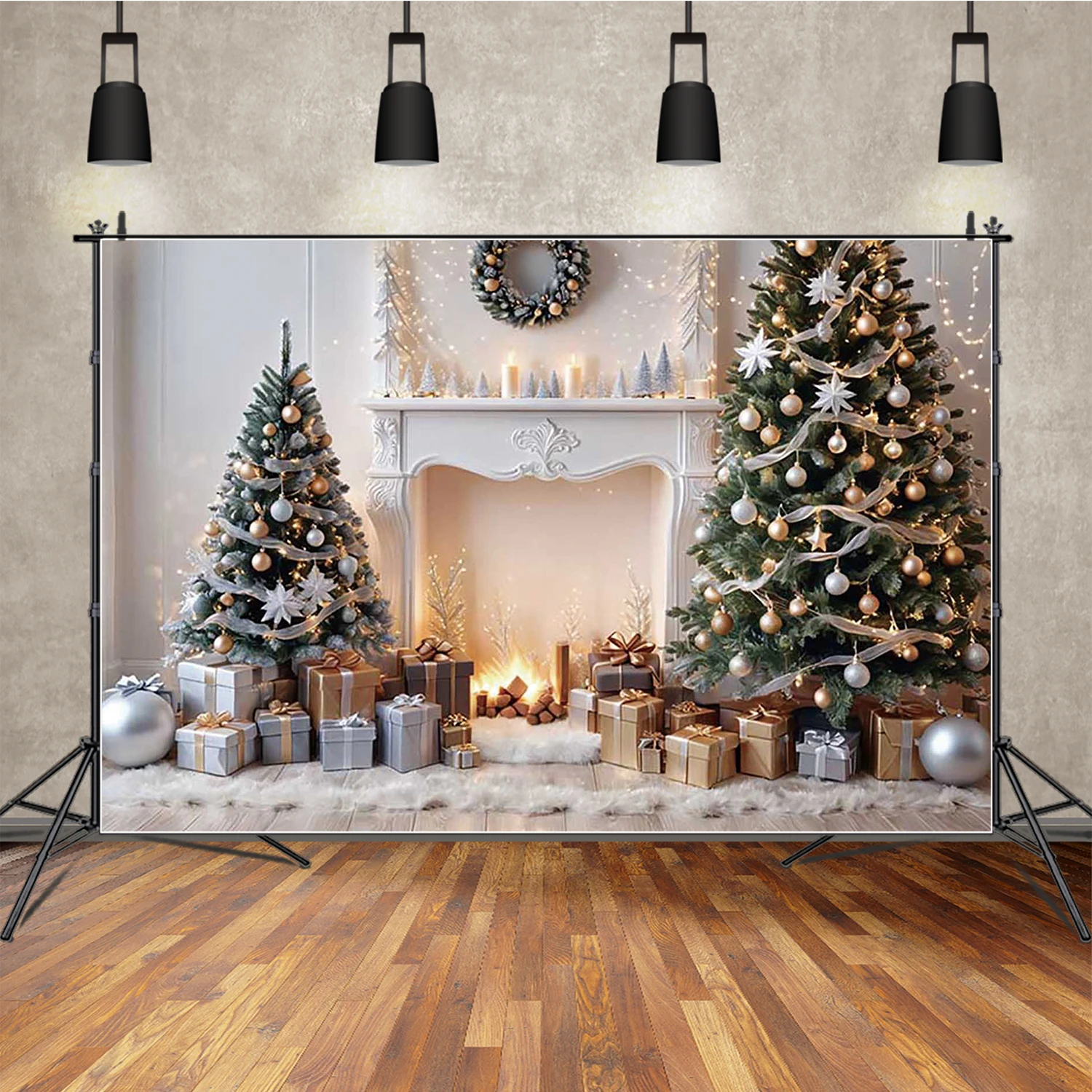 

MOON.QG Christmas New Year Backgrounds For Photographs Wreath Gifts White Fireplace Backdrop Decoration Kids Studio Photozone