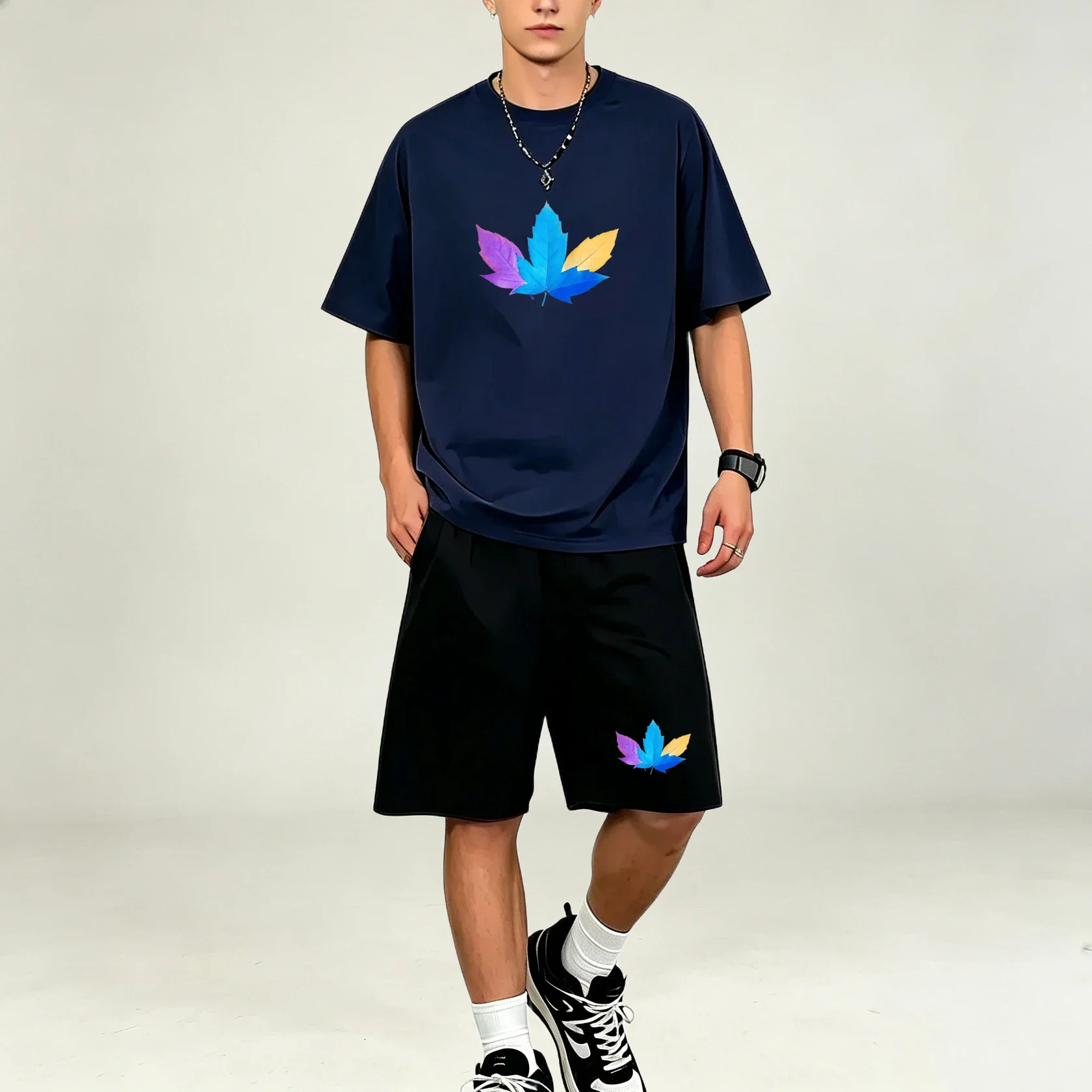 Summer Three Color Leaf Pattern Print Sports Men T-Shirts Sets Quick Dry Oversized Short Sleeve T-Shirt Pocket Shorts Daily Sets