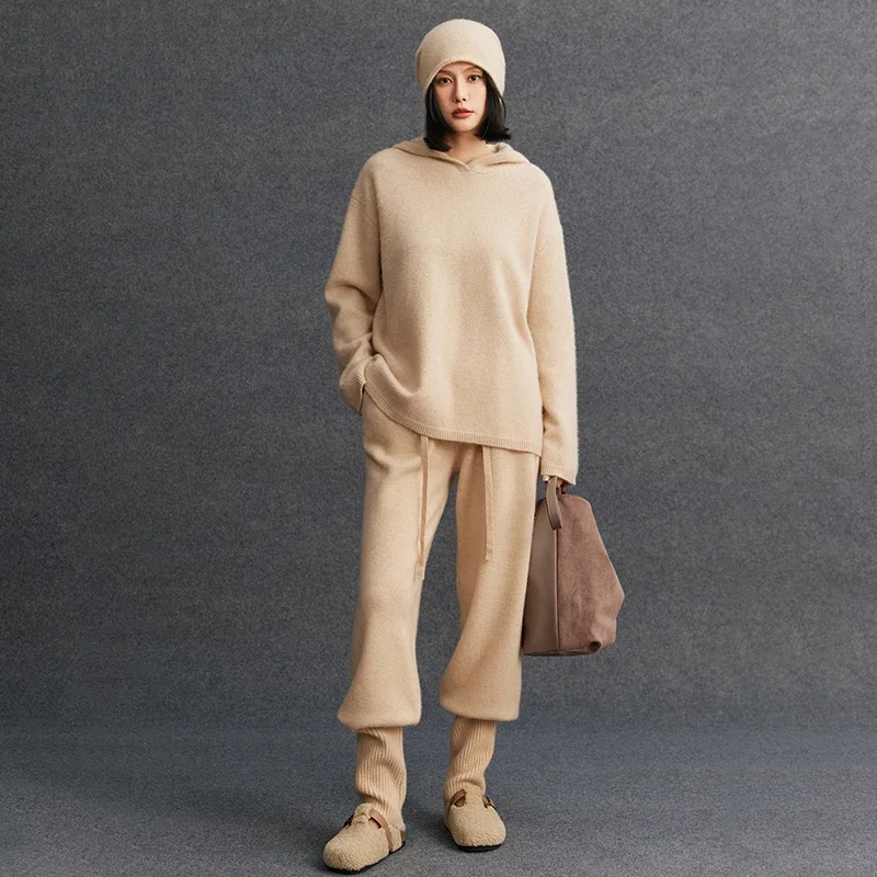 High quality Autumn Winter Women's Pure Cashmere Sport Pants Elastic Waist Loose Leg Pencil Pants 100% Cashmere Knitted Trousers