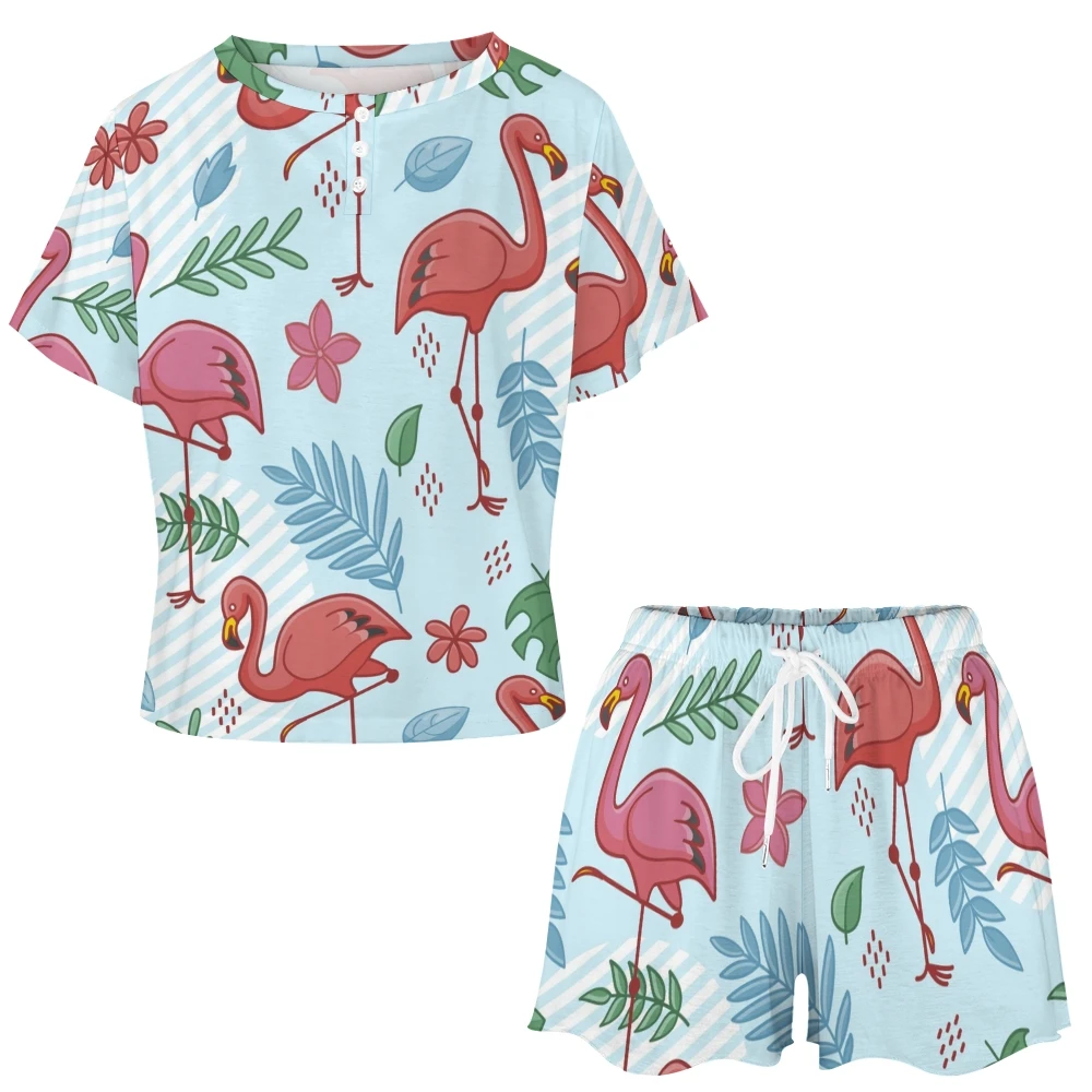 Pink Flamingos Women's 2-Piece Button Down Short Sleeve Button Front Sleepwear Loungewear PJ Set Summer Home Suit