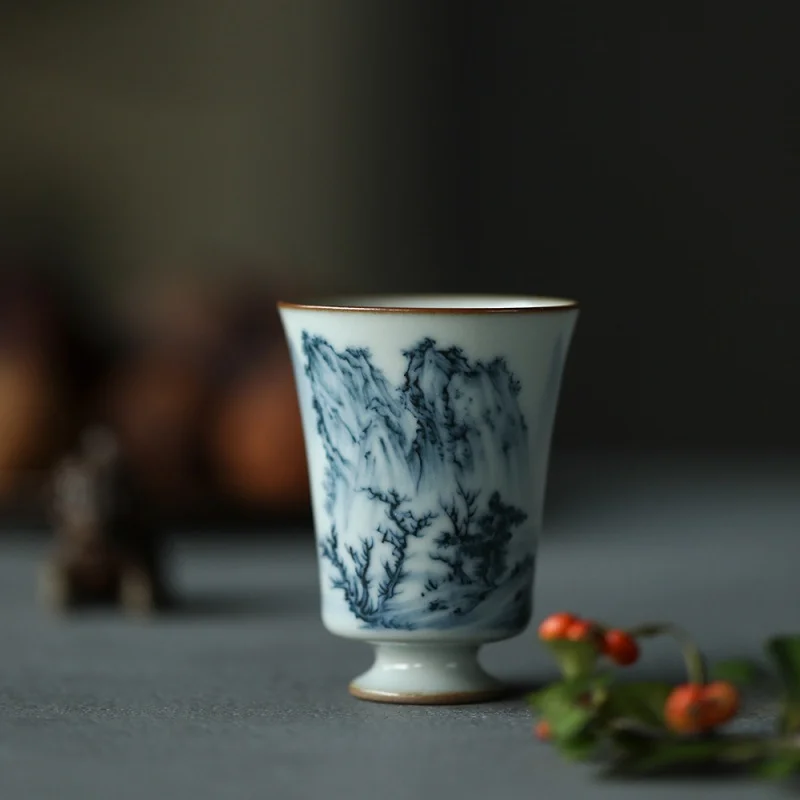 ★ Mr. Qing-vasos Ru pintados a mano, taza de guardia de paisaje, taza maestra de porcelana, taza de té, taza Personal, grieta independiente, cerámica Ru