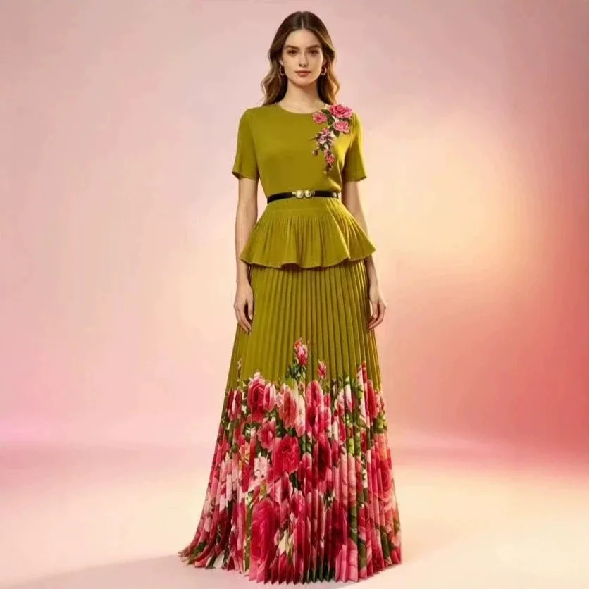 EGRM Pleated Print Women's Two Pieces Set Fashion short sleeve Belt slimming Top And Elastic High Waist Skirt Sets 2026 New 7G11 view 5