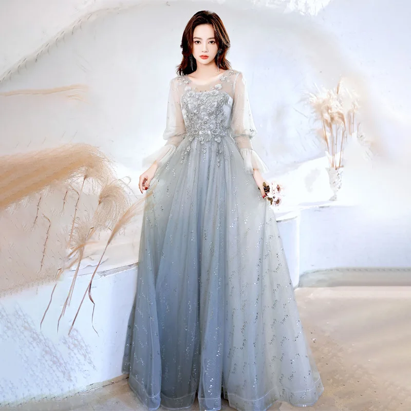 

It's Yiiya Evening Dress Gray Tulle Bling Appliques O-neck Full Sleeves A-line Floor-length Plus size Women Party Formal Gowns