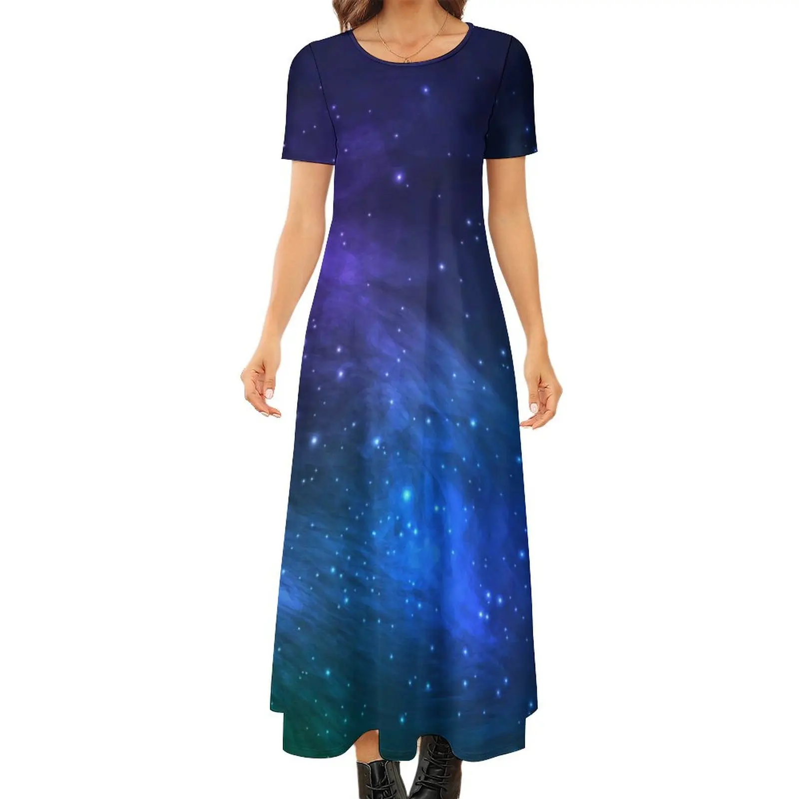 Colorful Galaxy Dress Green and Blue Cosmic Maxi Dress Street Fashion Bohemia Long Dresses Ladies Short Sleeve Oversize Vestidos