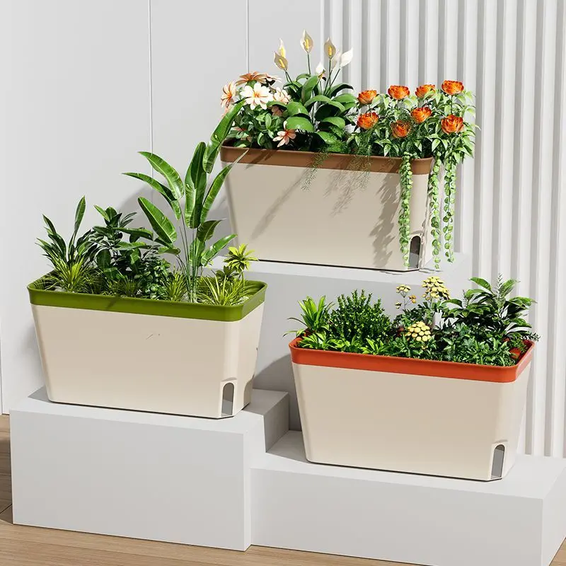 New Multi-function Double Layer Flower Pot Rectangular Indoor Flower Planter Box Self Watering Plant Pot Vegetable Planter 1Pc